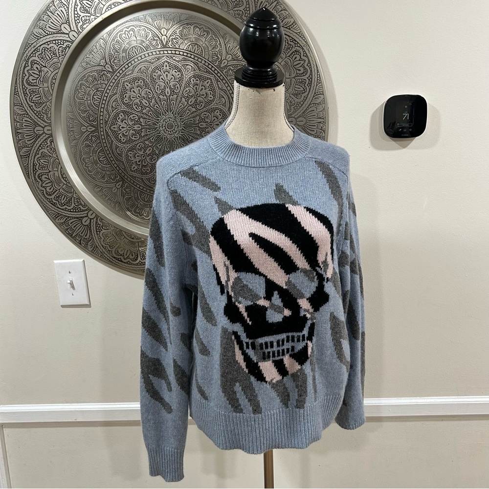 Skull Cashmere Light Blue Skull Intarsia Sweater with Pink & Black